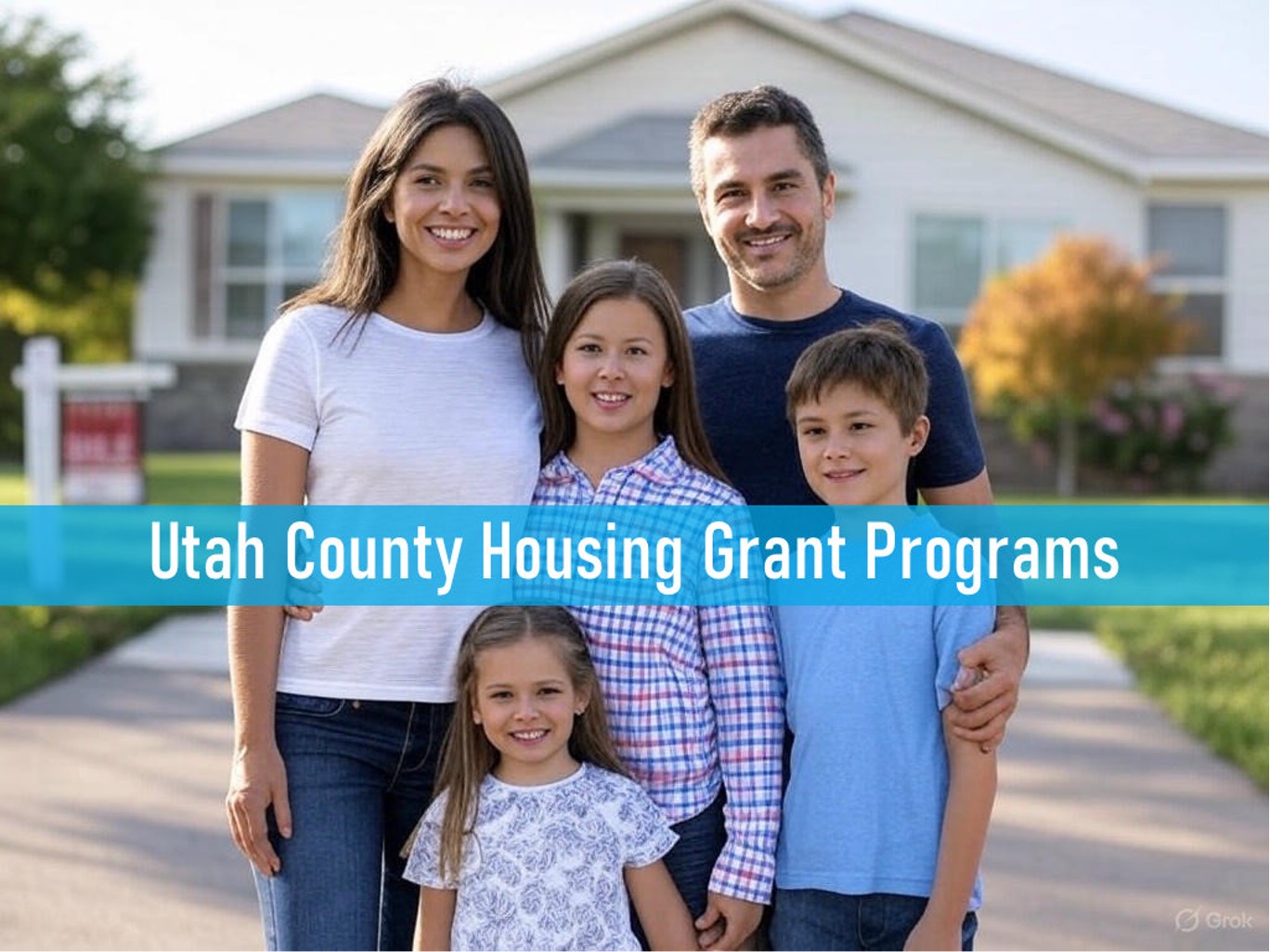 A family of five stands smiling in front of a house. Text on the image says "Utah County Housing Grant Programs."